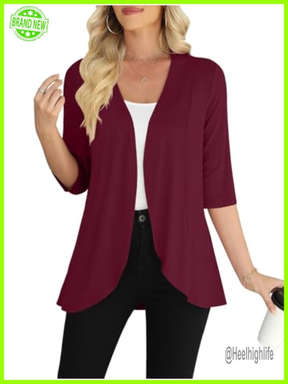 Women's Lightweight Rayon Blend Open Front Cardigan 3/4 Sleeve Ruffled